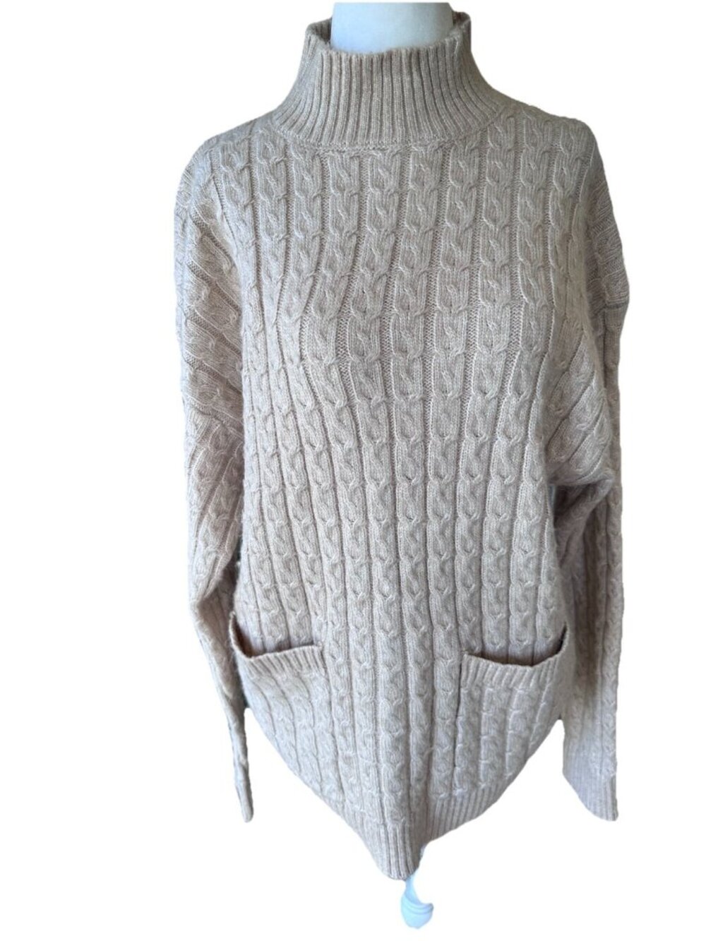 St Johns Bay Cable Knit Sweater Large Camel Color Pockets Mock Neck Vintage Y2K